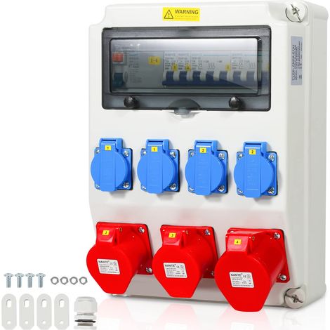 Construction site power distribution block with circuit breaker and residual current device (RCD), 5-pin wall-mounted distribution block with 4 protective contact sockets and 16/32 A CEE sockets