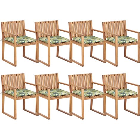 Conjunto de 8 sillas de jardín rústicas de madera de acacia certificada clara con cojines de asiento verde motivo hojas Sassari II