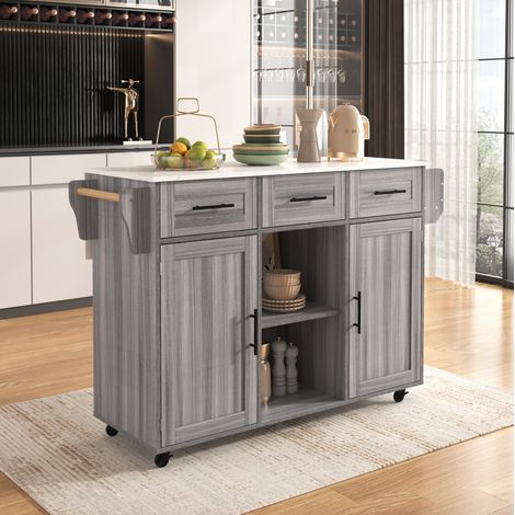 139x46(71)x91.5 cm großer Servierwagen/Beistellschrank, graues Massivholz-Furnier für den Korpus + weiße Marmor-Furnierdekoration für die Arbeitsplatte, Schrank/klappbare Arbeitsfläche/Stauraumtüren/r (1/5)