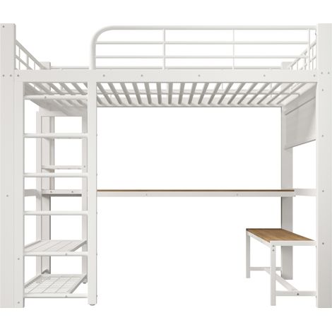 Letto a soppalco 140x200 cm in metallo bianco con LED, scrivania e contenitori MODENUIT (1/5)