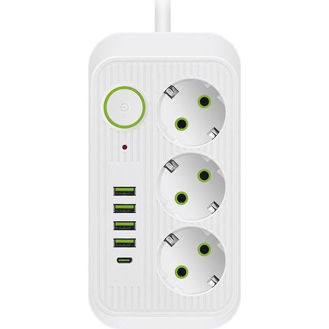 Multiprise blanche de 2 m avec prises européennes et port USB Type-C pour charge rapide. (1/5)