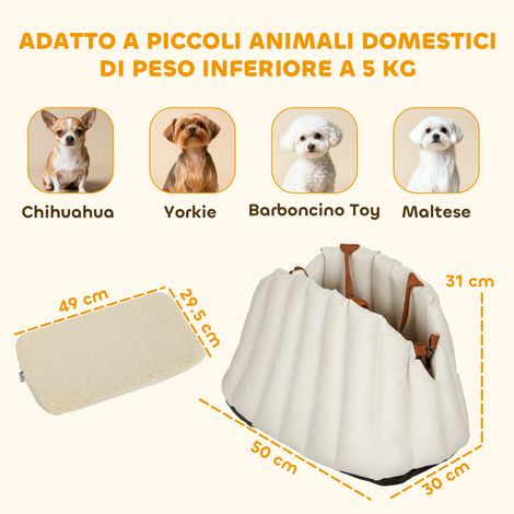 Petit siège auto pour chiens (avec laisse et base antidérapante), peut également servir de sac de transport pour animaux de compagnie, couleur crème. (1/5)