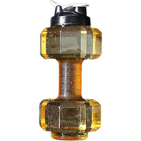 Botella de agua con forma de mancuerna, gran capacidad, botella de agua deportiva portátil de plástico, amarilla. (1/4)
