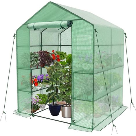 Serre de Jardin PE avec Étagères 3 Niveaux Serre de Jardin pour Légumes Plantes Fleurs Bâche Renforcée 135g/m2 Protéger Vos Plantes en Toutes Saison 143x143x195cm Vert (1/5)