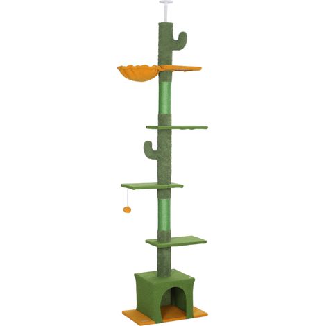 Rascador para gatos de techo 230-275 cm con cueva hamaca y pelota, verde HOMVRA (1/5)