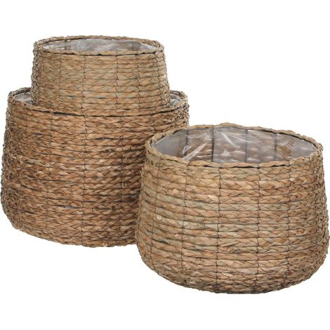 Lot de 3 Paniers à Plantes Avalon en Jonc de Mer Marron Clair avec Doublure Plastique - PANGIVO (1/5)