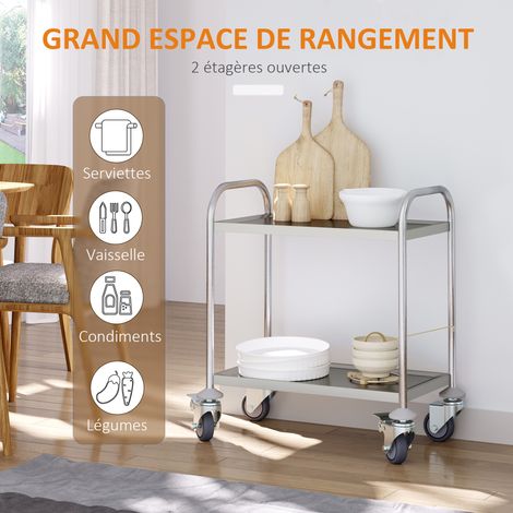 Desserte de cuisine à roulettes 2 étagères acier inox chromé 80x45x82cm robuste pratique rangement moderne élégant (1/5)