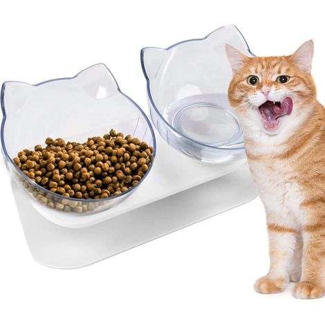 Katzennapf, neigbar um 15°, doppelt erhöhter Katzennapf, rutschfester und verstellbarer Halsschutz, Futternapf für Haustiere, orthopädischer Napf für Katzen und Hunde