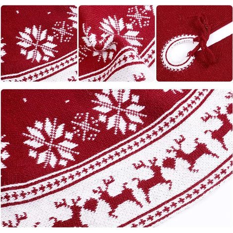 Tapis de sapin de Noël, Tapis de sapin de Noël tricoté avec flocons de neige et élans, Décoration de Noël, Tapis de sapin de Noël tricoté, Grand tapis de sapin de Noël rouge pour Noël (1/3)