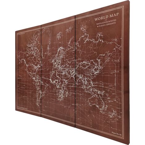 Mapamundi Triptyque Vintage Toile 120x60 cm Cadre Bois Marron