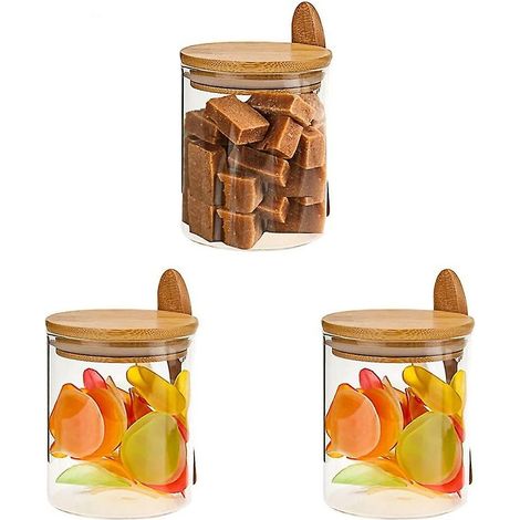 Pot en verre avec couvercle en bambou et cuillère, pot à sucre en verre de 500 ml avec couvercle en bois et cuillère, café (1/5)