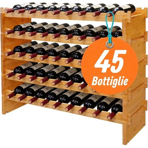 Relaxdays Scaffale Portabottiglie, 45 Bottiglie, Bambù, HLP: 68 x 85 x 25,5 cm, Rosso e Bianco, Impilabile, Naturale