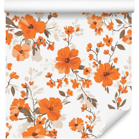 Papier peint Fleurs et Feuilles Blanc et Pêche pour Salon et Chambre 50x1000 cm (1/5)