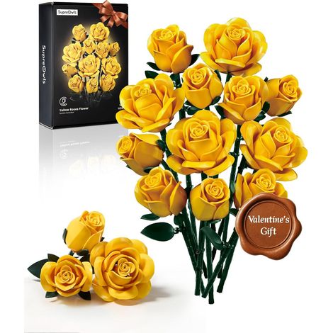 Ensemble de construction Bouquet de Roses Jaunes Cadeau de Saint-Valentin pour elle/petite amie/maman/épouse/couple, décoration moderne pour la table à manger à la maison ou au bureau. (1/5)