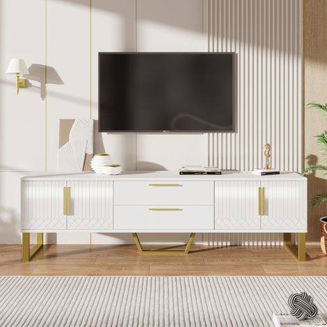 Meuble TV 170×40×53.5 cm, Buffet de salon bas avec rangements et portes sculptées, MDF brillant et pieds en métal, Blanc (1/5)