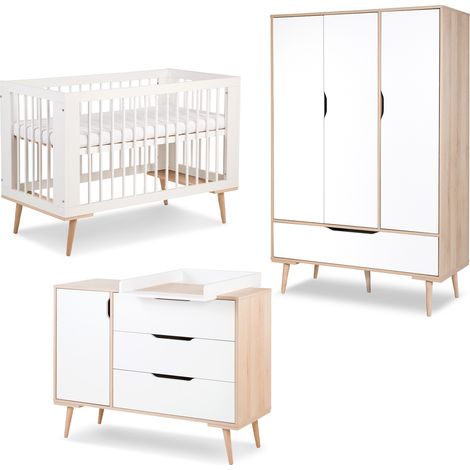 Chambre complète lit bébé 60x120 - commode à langer - armoire 3 portes LittleSky by Klups Sofie Blanc