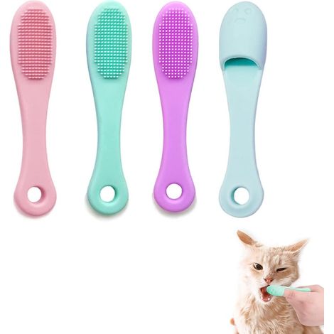 Lot de 4 Brosse à dents pour chien, Brosse à Dents à Doigt Animaux- En silicone - Doux et confortable - Pour les petits chiens et chats - Longue poignée incurvée (1/5)