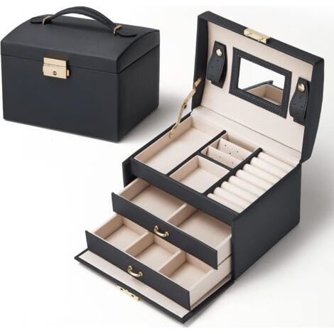 BUNTHAUS PA Boîte à Bijoux, Boîte a Bijoux Cadeau, Rangement Boîte à Maquillage, Boite a Bijoux de Voyage à 3 Couches en Simili Cuir, avec 2 Tiroirs, Miroir et Serrure (Noir) (1/5)