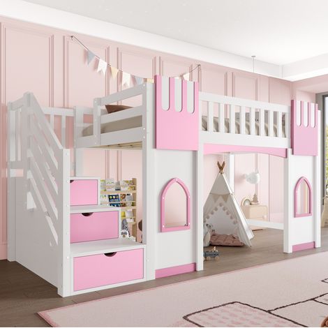 MEUBLIV lit mezzanine 90x200 cm blanco y rosa – escalera con almacenamiento, sin colchón (1/5)