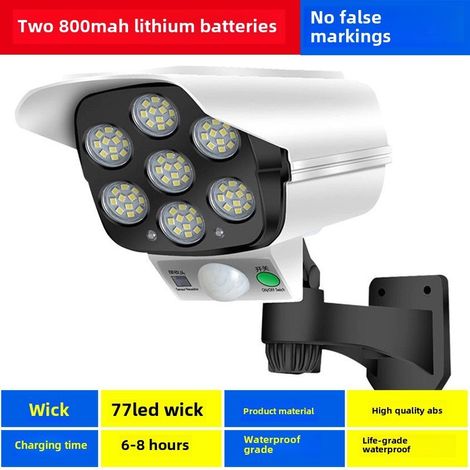 Solarbetriebene Außenbeleuchtungslampe, simulierte Kamera-LED-Attrappe, Fernbedienung, Diebstahlsicherung, Wandlampe zur Überwachung mit zwei 800-mA-Batterien