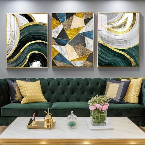 Peintures sur Toile Modernes Feuille d'or Vert foncé Lignes marbre Salon Chambre Affiches 4060cm, Pas de Cadre-3pcs (1/4)