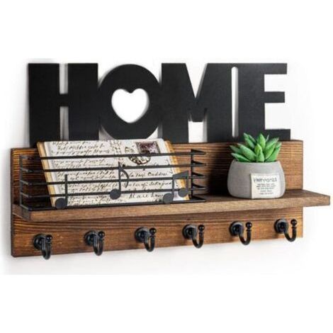 Porte Clef Mural Bois à 6 Crochets - HOME Décoration Boîte à Clés Vintage, Boite a Clefs Murale avec Étagère de Rangement pour Rangement Des Clés et Courrier à L'entrée, Support Clef Mural (Rétro) (1/5)