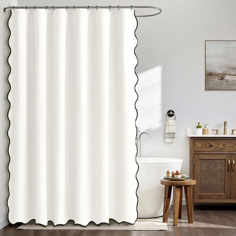 Rideau de Douche en Lin Texturé Ondulé 180x180 cm Blanc, Luxe Rideau de Douche Imperméable, Anti-Moisissure Tissu Lavable Rideaux de Bain pour Salle de Bain avec 12 Crochets Métalliques.