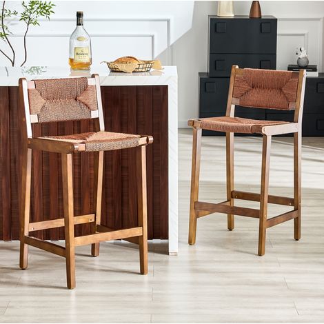 Set de 2 taburetes de bar de madera con asiento trenzado, estilo rústico, color nogal (1/5)