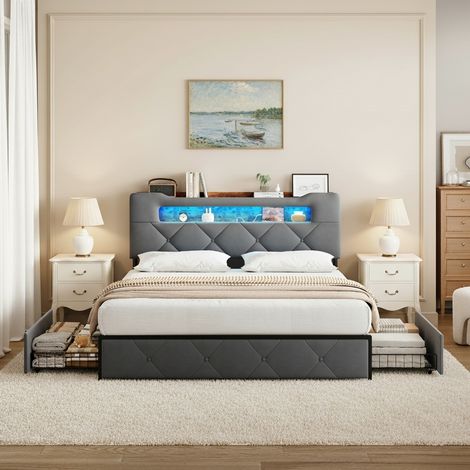 Lit double 140x190 cm - Lit adutle en velours, avec 4 tiroirs de rangement, éclairage LED, port USB et étagère au tête de lit - Structure en métal et sommier à lattes - Gris