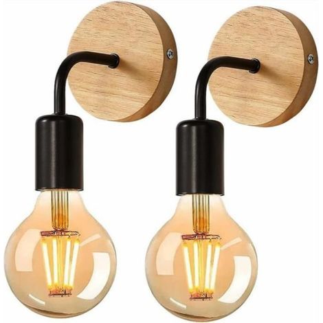 Applique Murale - Métal Et Bois De Balsa - Design Industriel Rétro - E27 - Pour Intérieur Salon Chambre Cuisine Couloir - Lot De 2 (1/5)