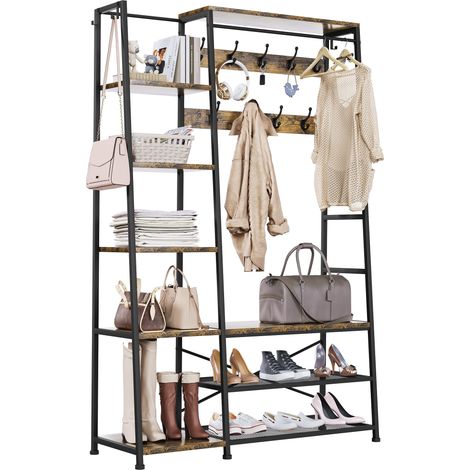 Porte Manteau, Grand Meuble d'entrée, Porte-manteau Industriel avec Rangement à Chaussures, Porte-vêtements sur Pied avec 9 Crochets et 5 étagères, pour Couloir, Salon, Marron Rustique (1/5)