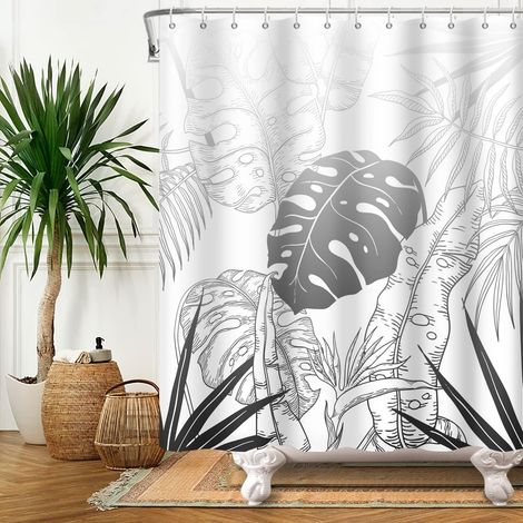 180x180cm Rideau De Douche Noir Blanc Monstera Feuille De Palmier ForêT Tropicale Plante Rideau De Bain ImperméAble Salle De Bain DéCor (1/5)
