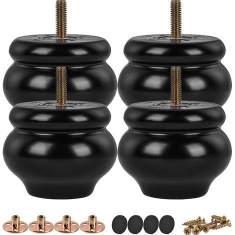 Lot de 4 pieds de meubles en bois massif noir classique tourné de 5 cm avec boulons de suspension M8 et écrous en T pour canapé, ottoman, armoire, table (1/5)