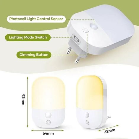 Veilleuse avec Capteur de Crépuscule, 5 Niveaux de Luminosité Réglable, 3 Modes, 3000K Blanche Chaude Veilleuse pour Couloirs