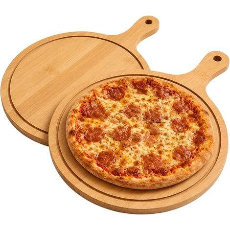 Set of 2 Bamboo Wood Pizza Plates 30 cm, Pizza Plate, Pizza Board with Handle, Chopping Board for Pizza, Foccacia or Bread, Kitchen Accessories (1/5)