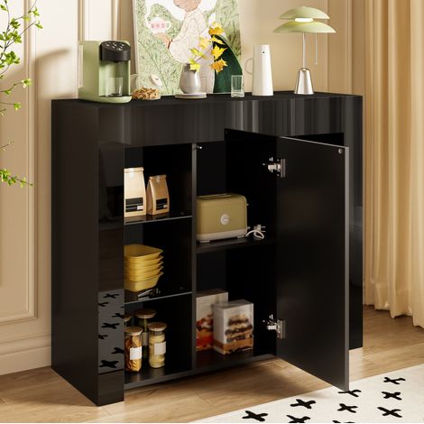 buffet meuble rangement compact 95x35x83 noir verre OKMYHOME (1/5)