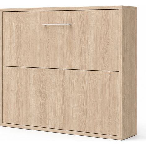 Lit escamotable horizontal KLIKA - Sommier à lattes - Poignée acier brossé 54cm Chêne clair Sans matelas-90x190-Cadre Chêne clair-Façade Chêne clair (1/5)