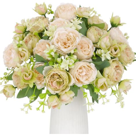 Lot de 4 bouquets de pivoines artificielles en soie - Pour fête de mariage, centre de table, arrangement floral, décoration de maison, de cuisine - Blanc et vert (1/5)