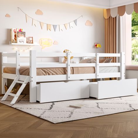 Lit enfant plateforme 90x200 avec barrières 2 tiroirs pin MDF - blanc (1/5)