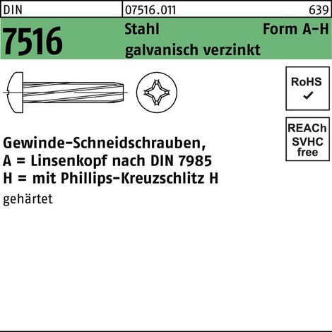 DIN 7516 Form A Linsenkopf-Gewindeschneidschraube VG M6x40 Stahl galvanisch verzinkt PH 250 Stk