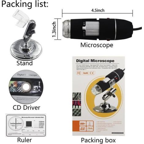 Microscope Numerique USB - 1600x Zoom - 8 LED - Support Metal - Resolution Jusqu a 2592x1944 - Pour Education Inspection Bijoux PCB - 1 Unite (1/4)