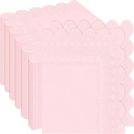 Serviettes jetables double épaisseur rose pâle à bords ondulés, 100 pièces pliées, 12,7 x 12,7 cm, idéales pour les dîners, mariages, anniversaires et événements avec bébés. (1/5)