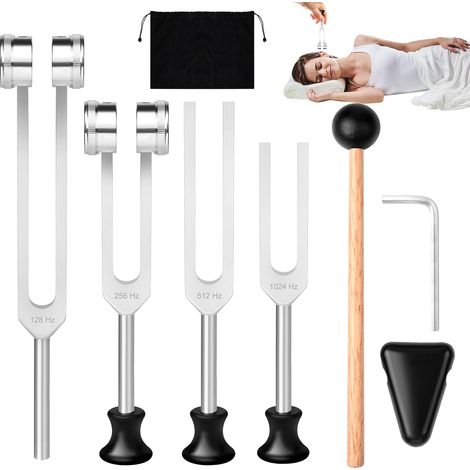 Therapeutisches Stimmgabelset, Therapieinstrument (128 Hz/256 Hz/512 Hz/1024 Hz), Stimmgabel aus Aluminiumlegierung mit Silikonhammer und Reparaturwerkzeug, Vibrationstherapie-Stimmgabel (1/5)