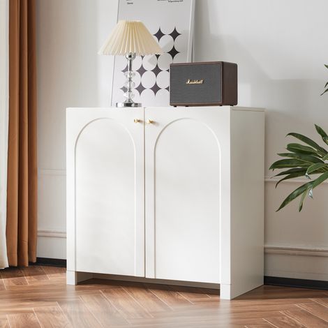Credenza a 2 ante 80 x 40 x 80 cm in pannello di truciolato bianco con maniglie dorate DESVIAE (1/5)