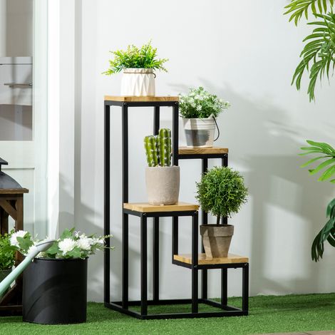Pflanzenständer im Industrie Design mit 4 Regalen, Blumentreppe, 34 cm x 34 cm x 66 cm, Natur + Schwarz