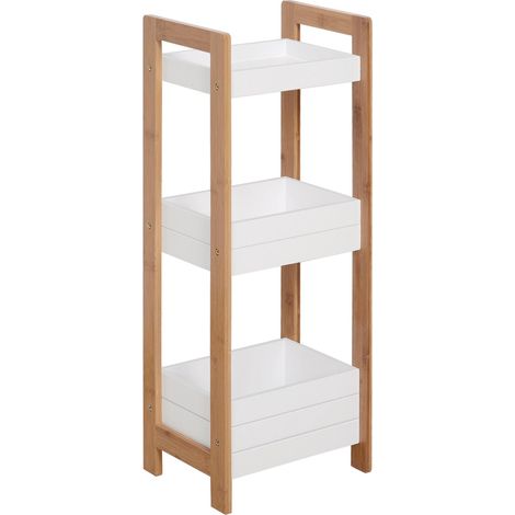 Étagère de salle de bain à 3 niveaux en bambou, idéale pour la cuisine, le salon ou la buanderie. Dimensions : 27,5 x 20,8 x 74 cm. Couleurs : blanc et naturel. (1/5)