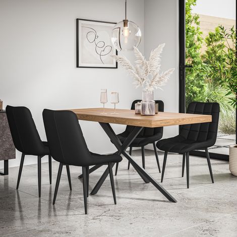 Donni Dining Table And Chairs -  Oak Effect Table Top w Black Legs + Nova Faux Leather Dining Chair Set Of 6 (Black) (1/5)