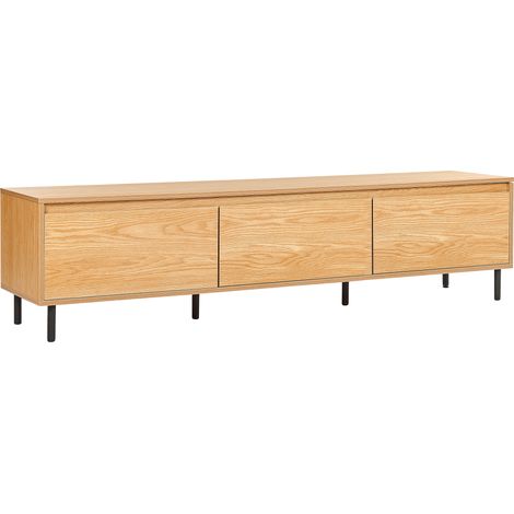 Mueble TV moderno minimalista aparador metal negro patas 3 puertas compartimento madera clara Nikea