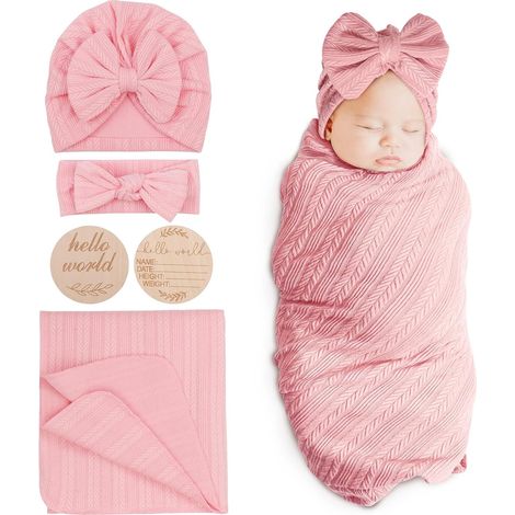 Couverture Bebe Naissance Emmaillotage Bébé pour Nouveau-Né Langes Bebe 80 x 80 cm Sac de Couchage avec Chapeau et Bandeau Nœud