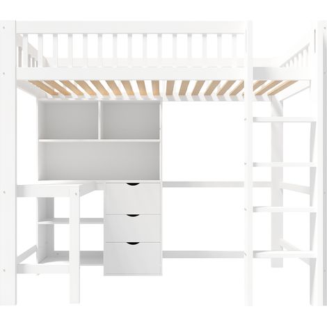 Cama alta blanca 90x200 cm con escritorio, escalera, almacenaje y 3 cajones, sin colchón (1/5)